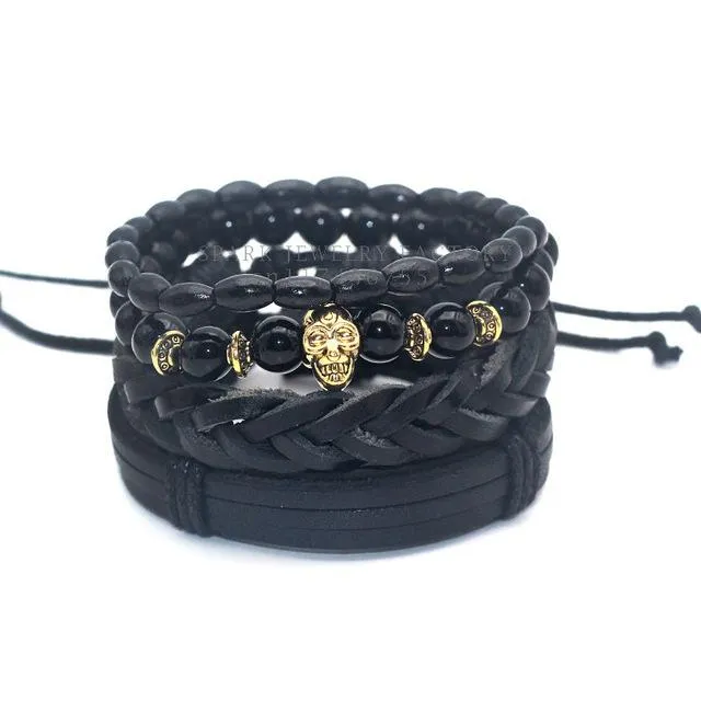 1 Set Black Bamboo Wood Onyx Lion Hamsa Buddha Skull Leather Bracelet