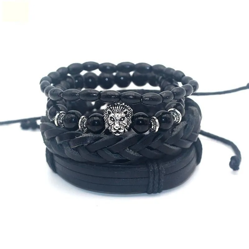 1 Set Black Bamboo Wood Onyx Lion Hamsa Buddha Skull Leather Bracelet