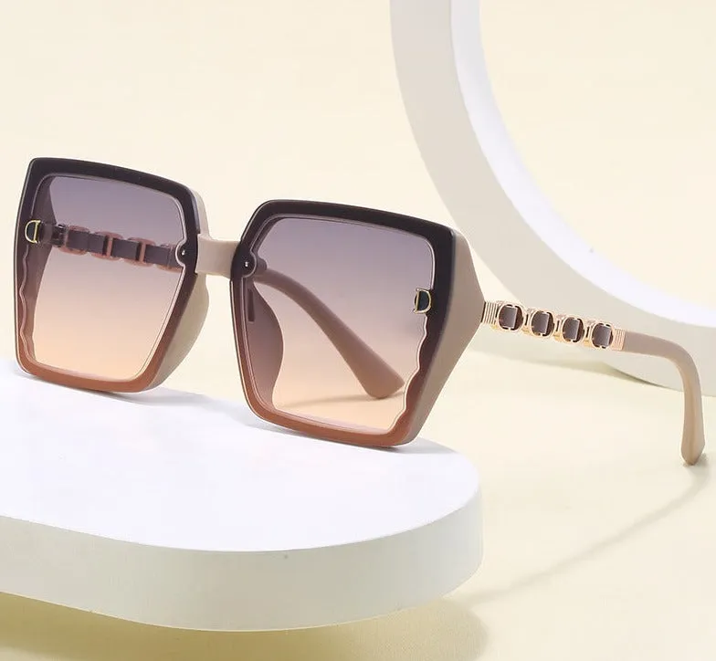 2024 New Square Large Frame Metal Leather Leg Sunglasses Female Internet Celebrity Anchor Same Style Anti-UV Sunglasses