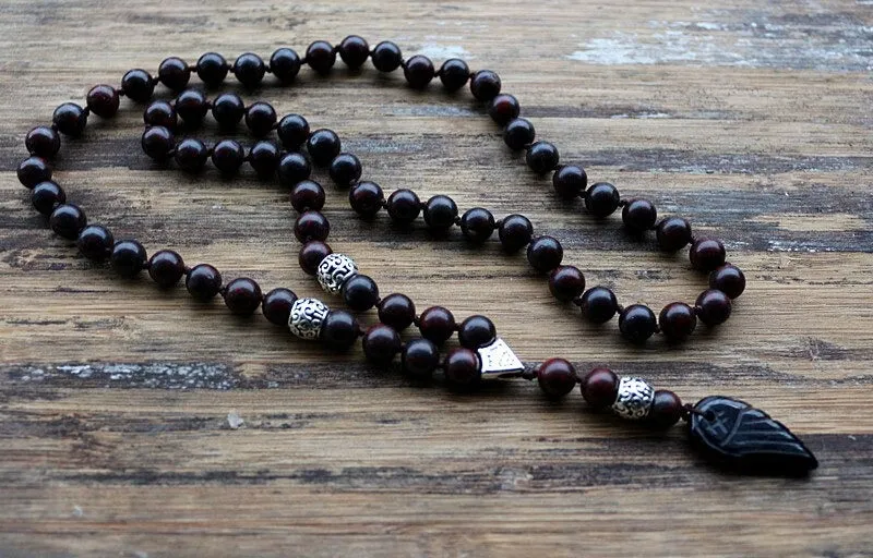 8mm Natural Stone Beads Rosary Wooden Necklace with Black Wing Pendant