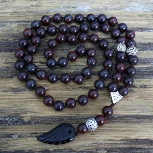 8mm Natural Stone Beads Rosary Wooden Necklace with Black Wing Pendant