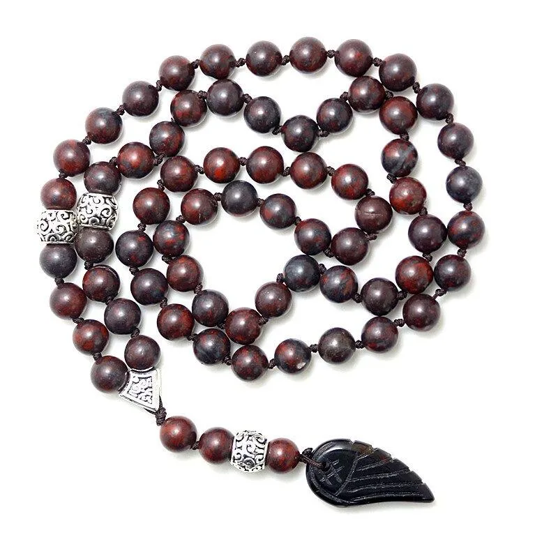 8mm Natural Stone Beads Rosary Wooden Necklace with Black Wing Pendant