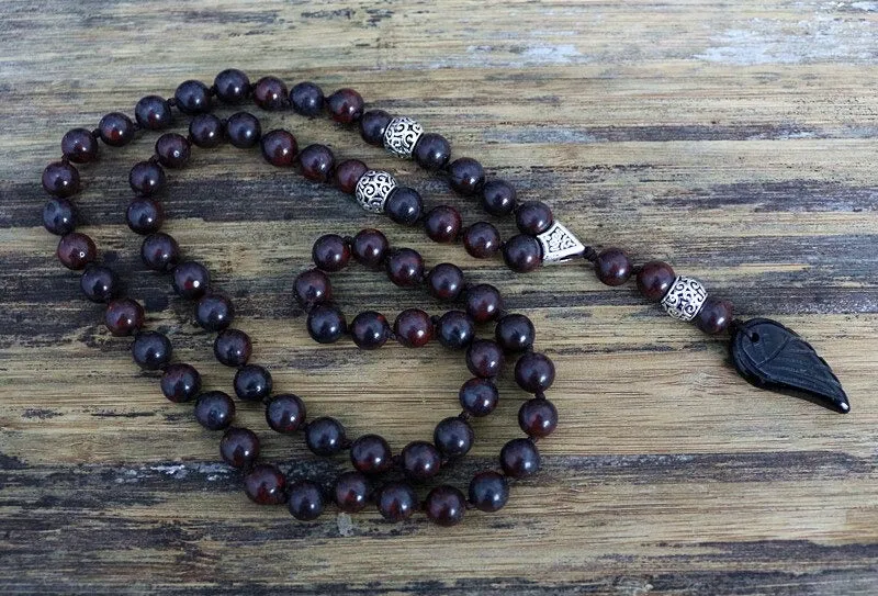 8mm Natural Stone Beads Rosary Wooden Necklace with Black Wing Pendant