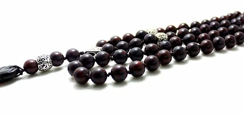 8mm Natural Stone Beads Rosary Wooden Necklace with Black Wing Pendant