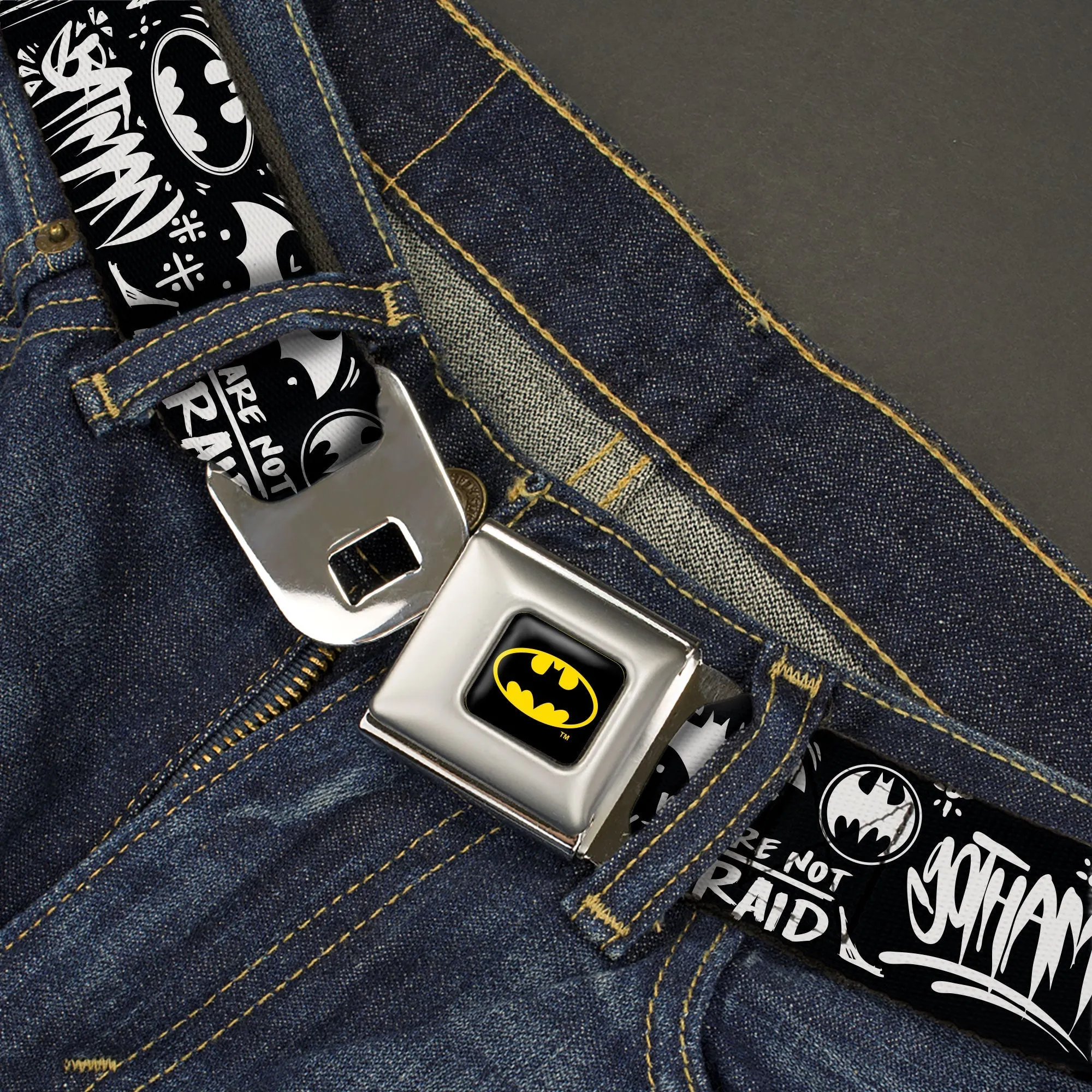 Batman Full Color Black/Yellow Seatbelt Belt - Batman Gotham City Graffiti Collage Black/White Webbing