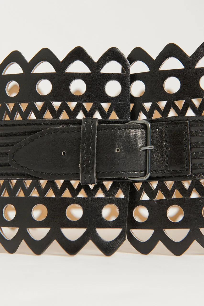 Black Leather Cut-out Pattern Preowned Wide Band Belt