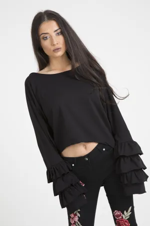 Black Oversized Frill Sleeve Top - Connie