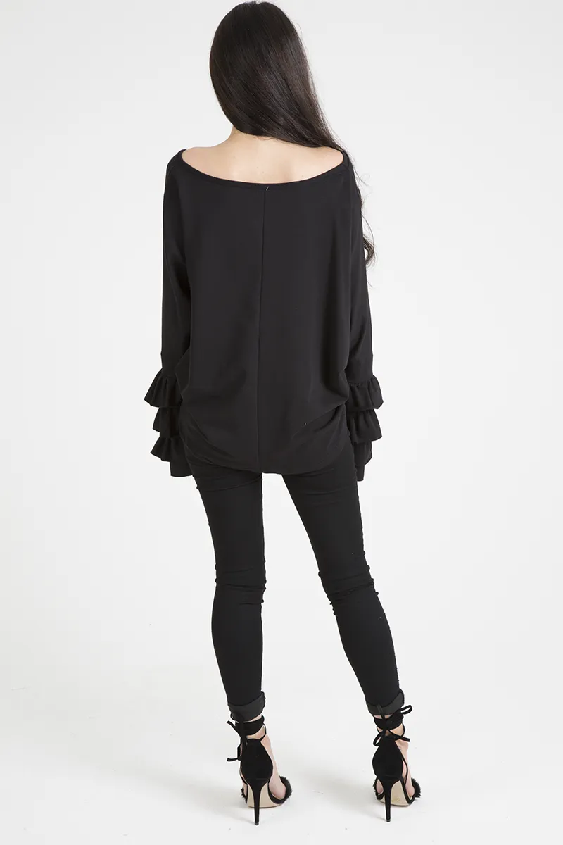 Black Oversized Frill Sleeve Top - Connie