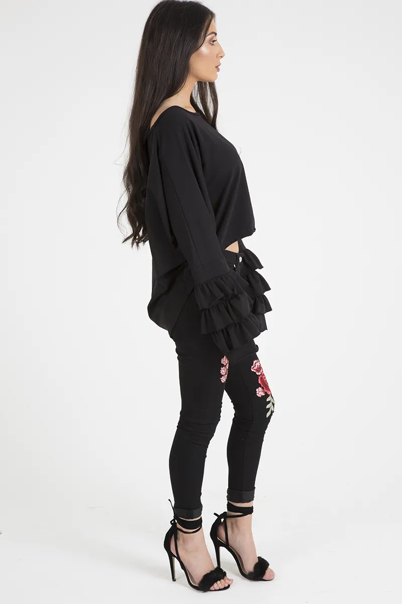 Black Oversized Frill Sleeve Top - Connie