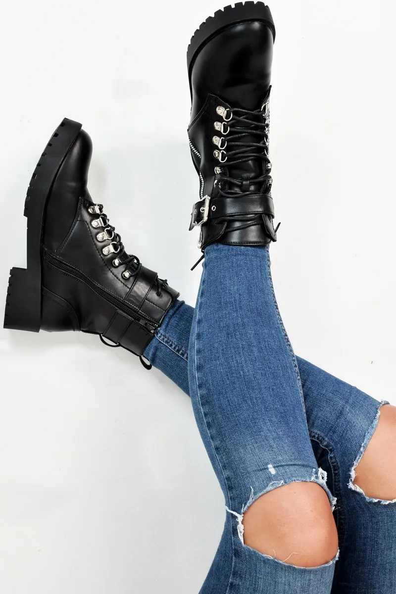 Black PU Lace Up Buckle Detail Biker Boots - Novah