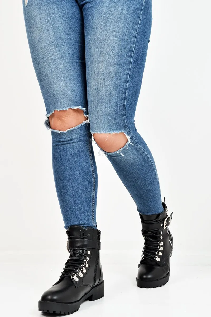 Black PU Lace Up Buckle Detail Biker Boots - Novah