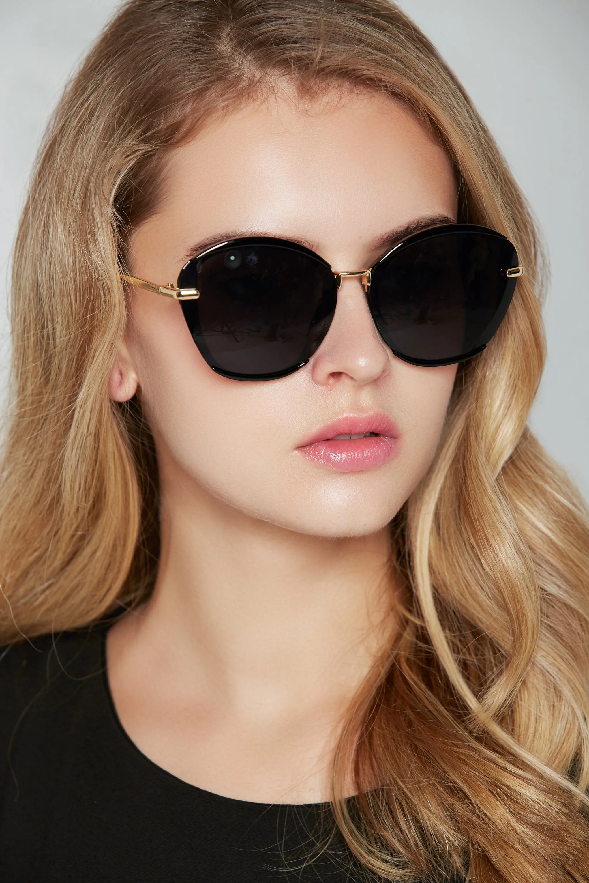 Black Slim Rim Round Oversized Sunglasses