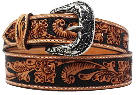 Challenger Men's Western Floral Tooled Black Full-Grain Leather Belt