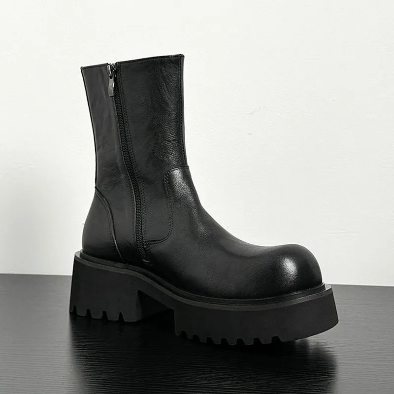 Cow Leather Chic Zipper Vintage Middle Boots