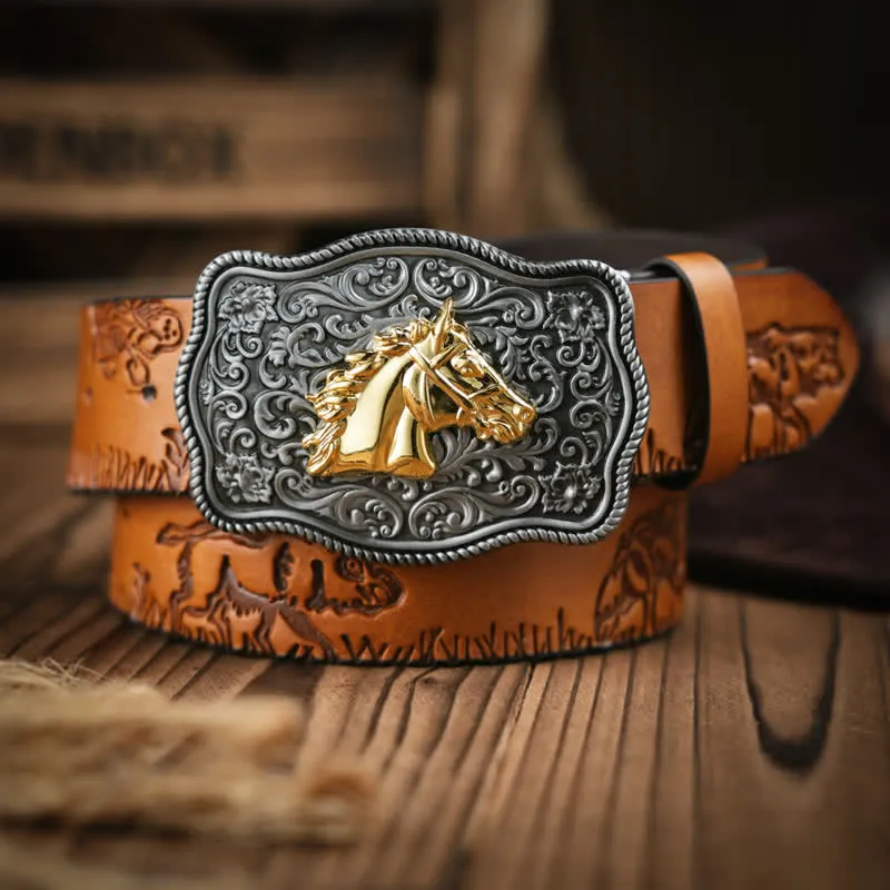 Cowboy Style Golden Horse Head Embossed Pattern Leather Belt