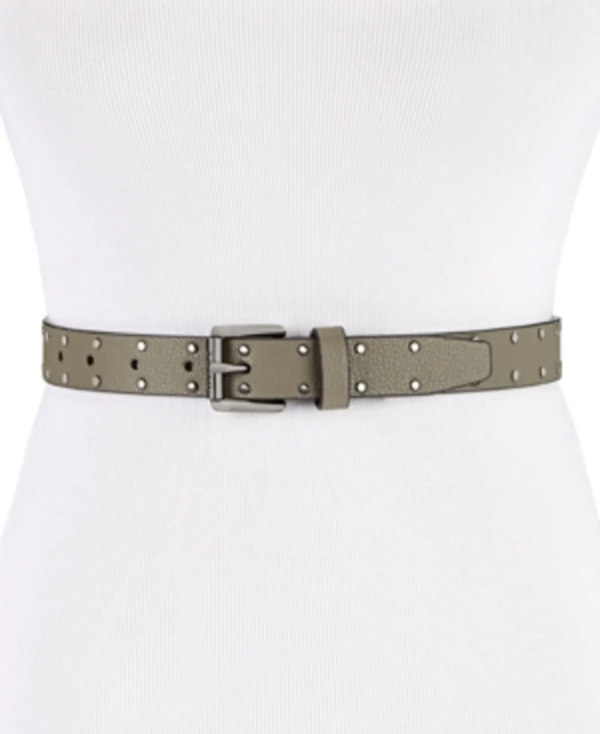 DKNY Women's Pebble Metallic Studded Skinny Faux-Leather Belt, Olive, M