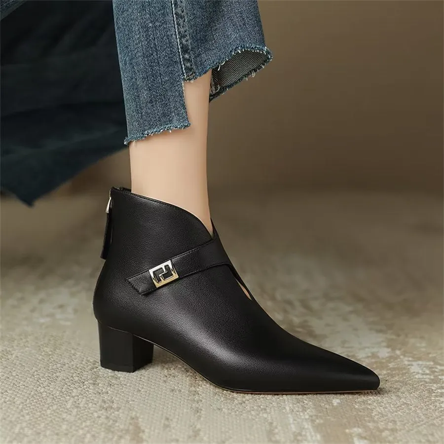 Elegant Cow Leather Pointed Toe Cone Heel Boots