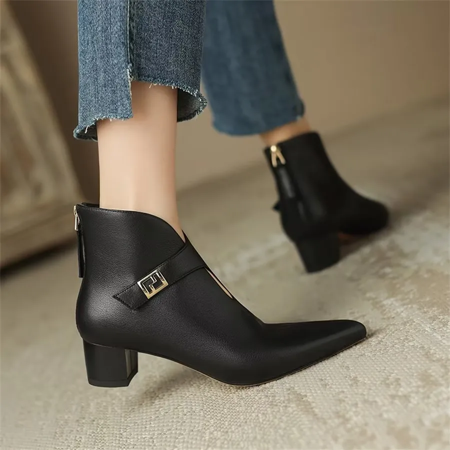 Elegant Cow Leather Pointed Toe Cone Heel Boots