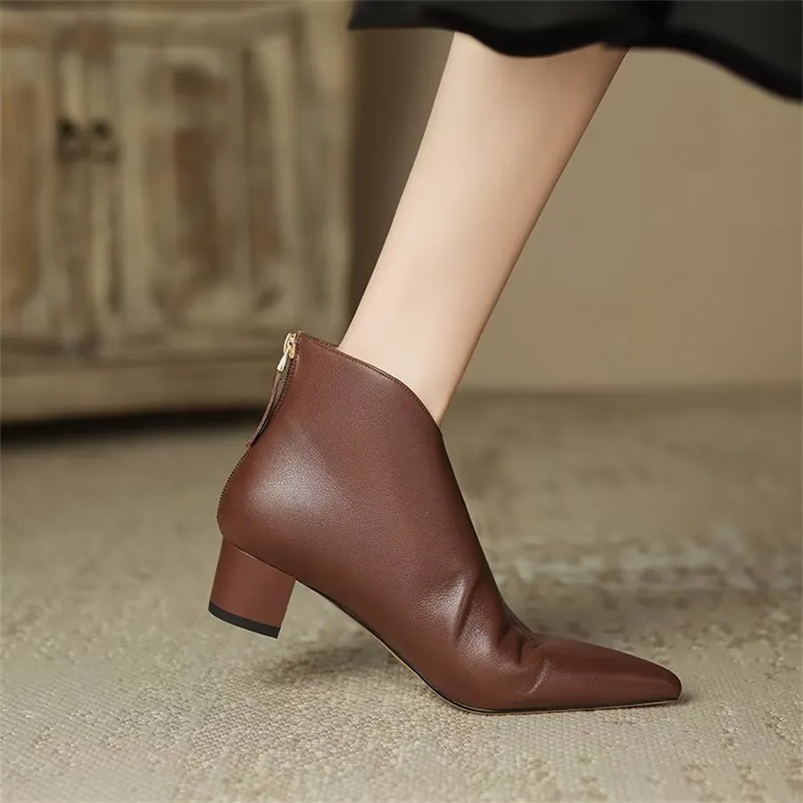 Elegant Cow Leather Pointed Toe Cone Heel Boots