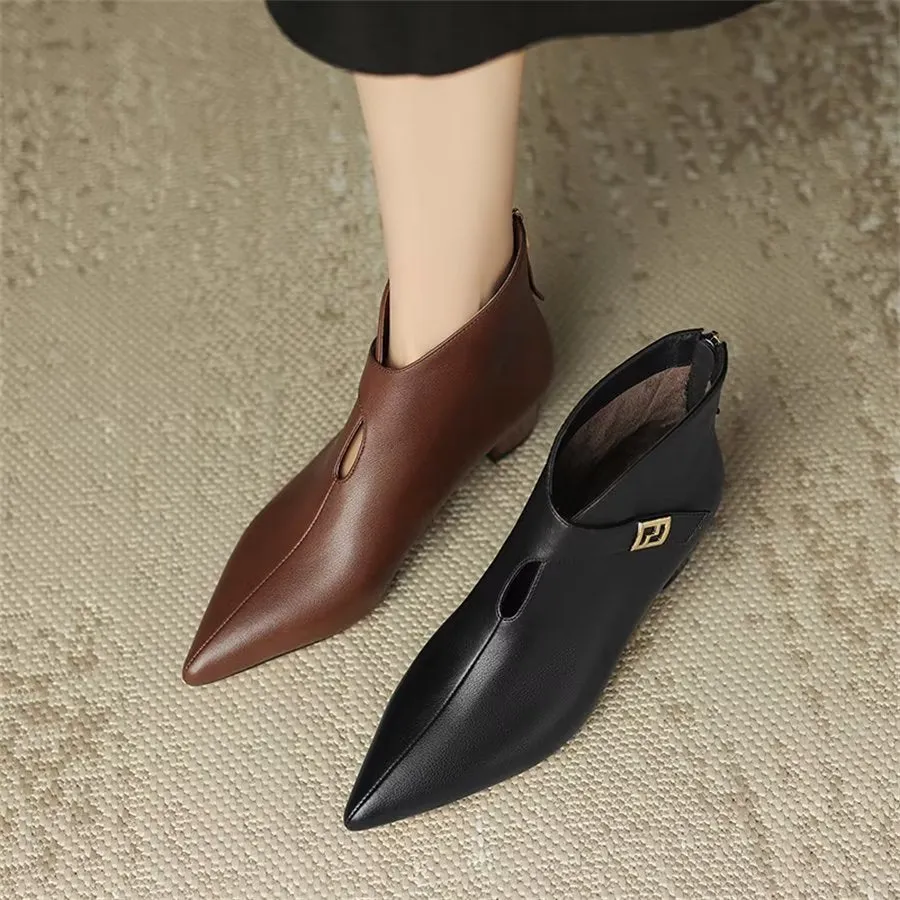 Elegant Cow Leather Pointed Toe Cone Heel Boots