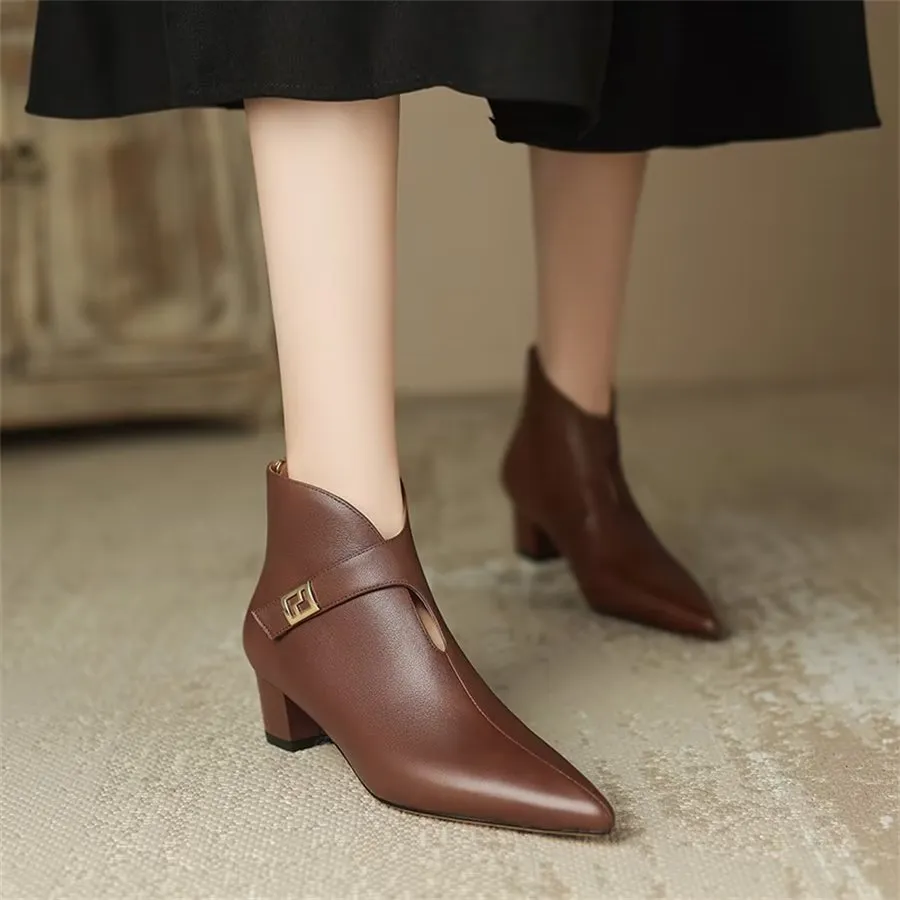 Elegant Cow Leather Pointed Toe Cone Heel Boots