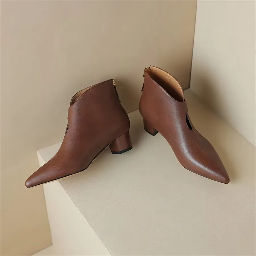 Elegant Cow Leather Pointed Toe Cone Heel Boots