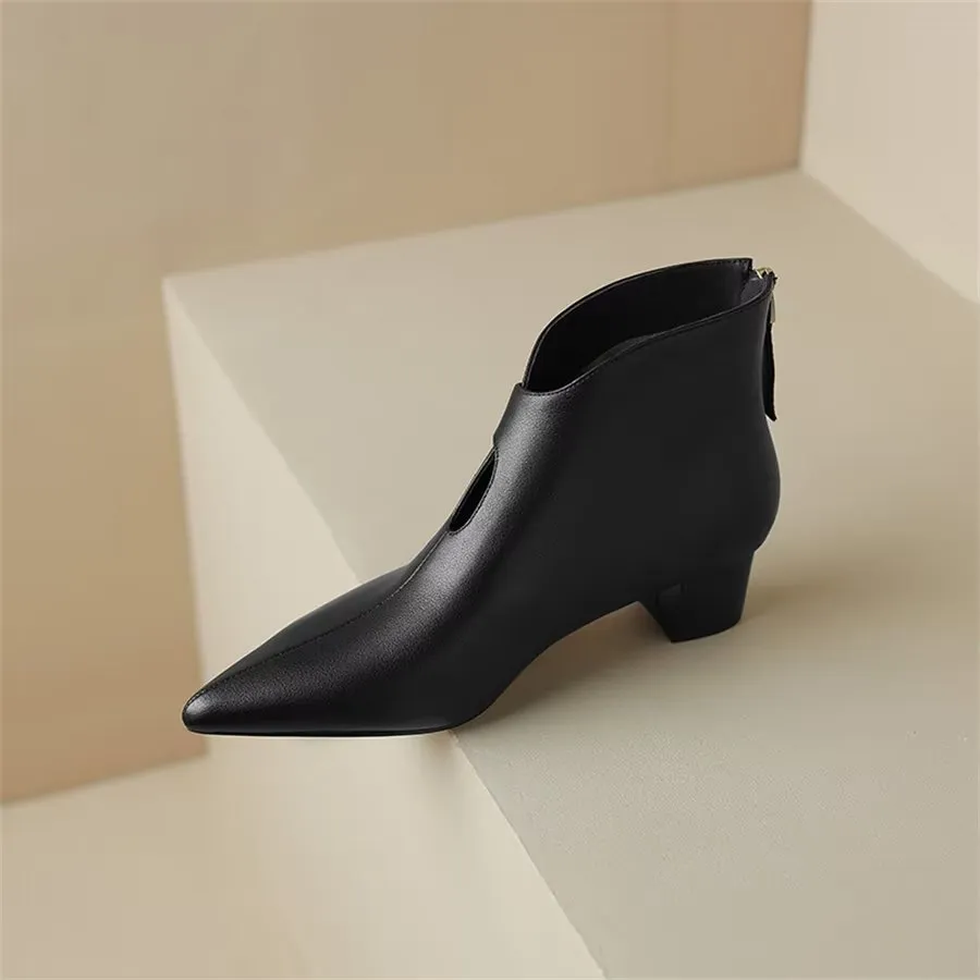 Elegant Cow Leather Pointed Toe Cone Heel Boots