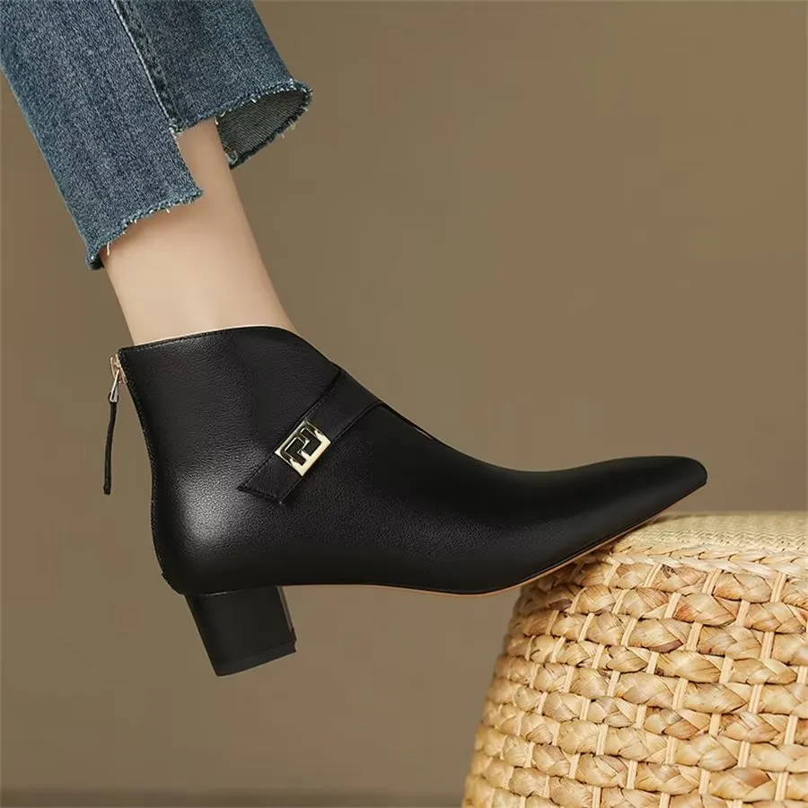 Elegant Cow Leather Pointed Toe Cone Heel Boots