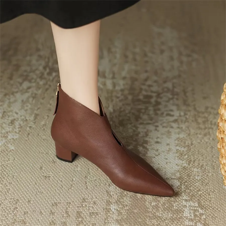 Elegant Cow Leather Pointed Toe Cone Heel Boots