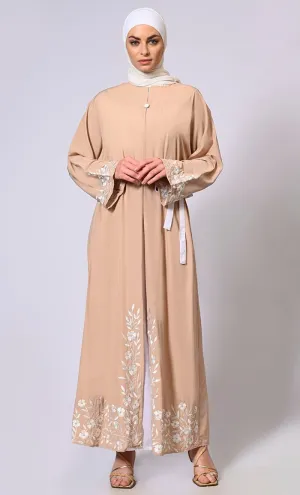 Embroidered Enchantment: Graceful Sand Abaya with Delicate Details and Belt - Final Sale