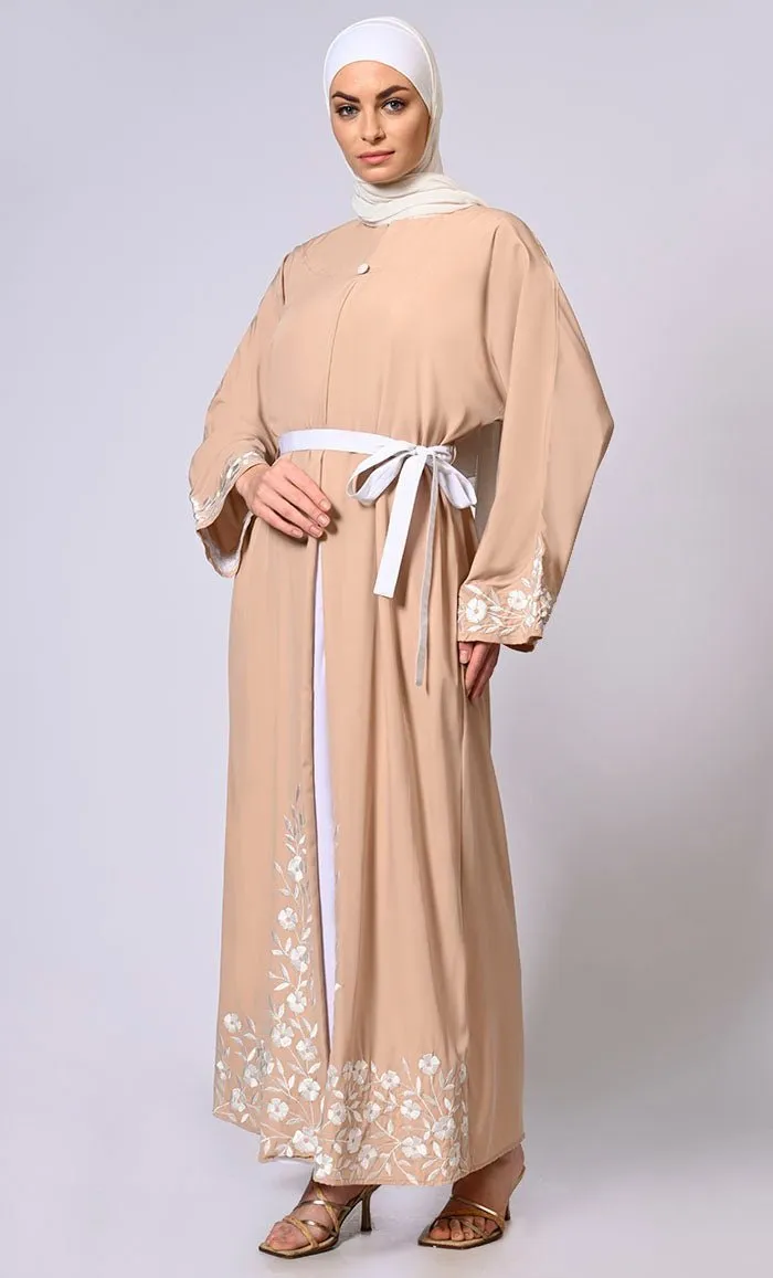 Embroidered Enchantment: Graceful Sand Abaya with Delicate Details and Belt - Final Sale