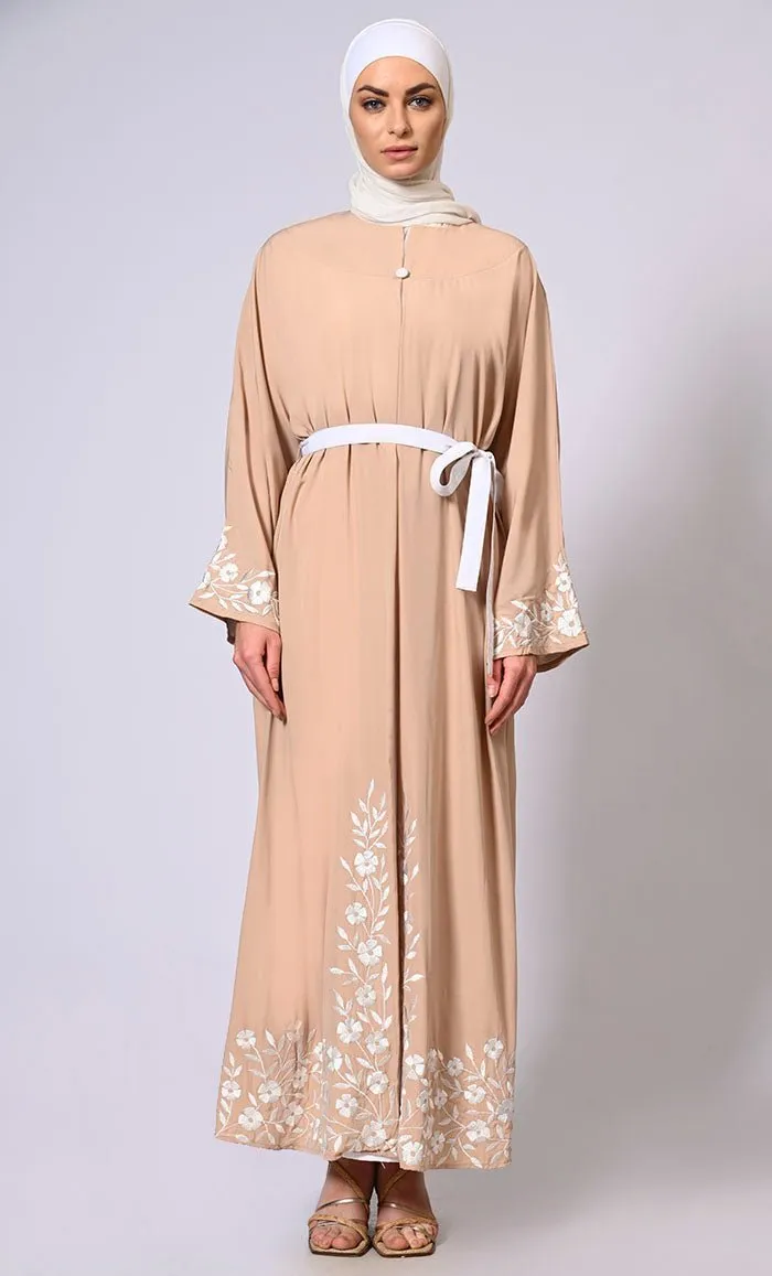 Embroidered Enchantment: Graceful Sand Abaya with Delicate Details and Belt - Final Sale