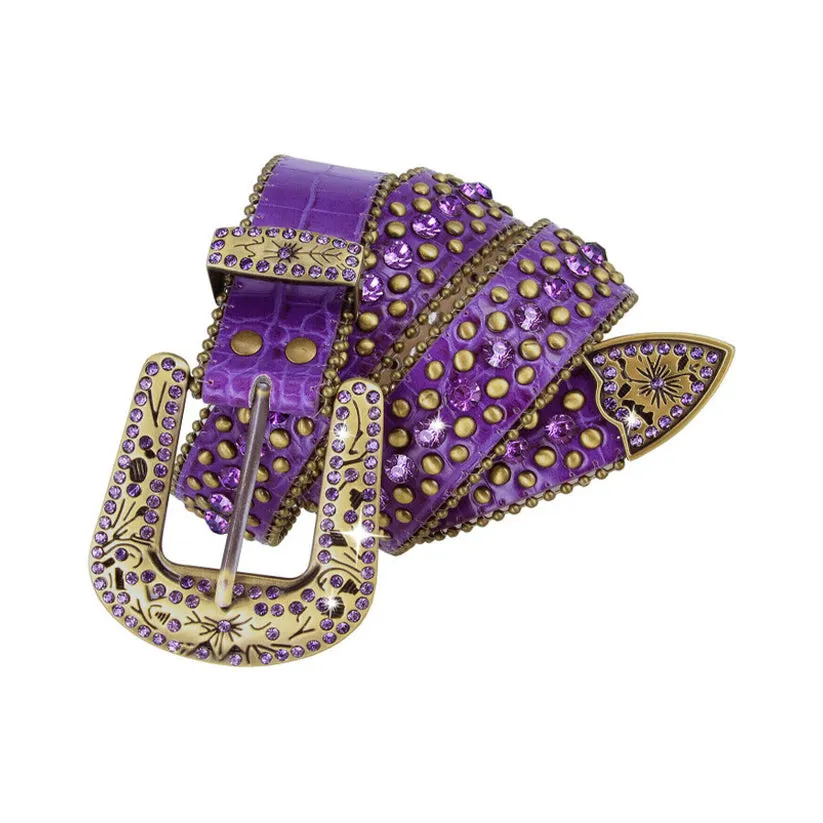 Engraved Buckle Western Purple Strap With Purple Studded Rhinestone Belt