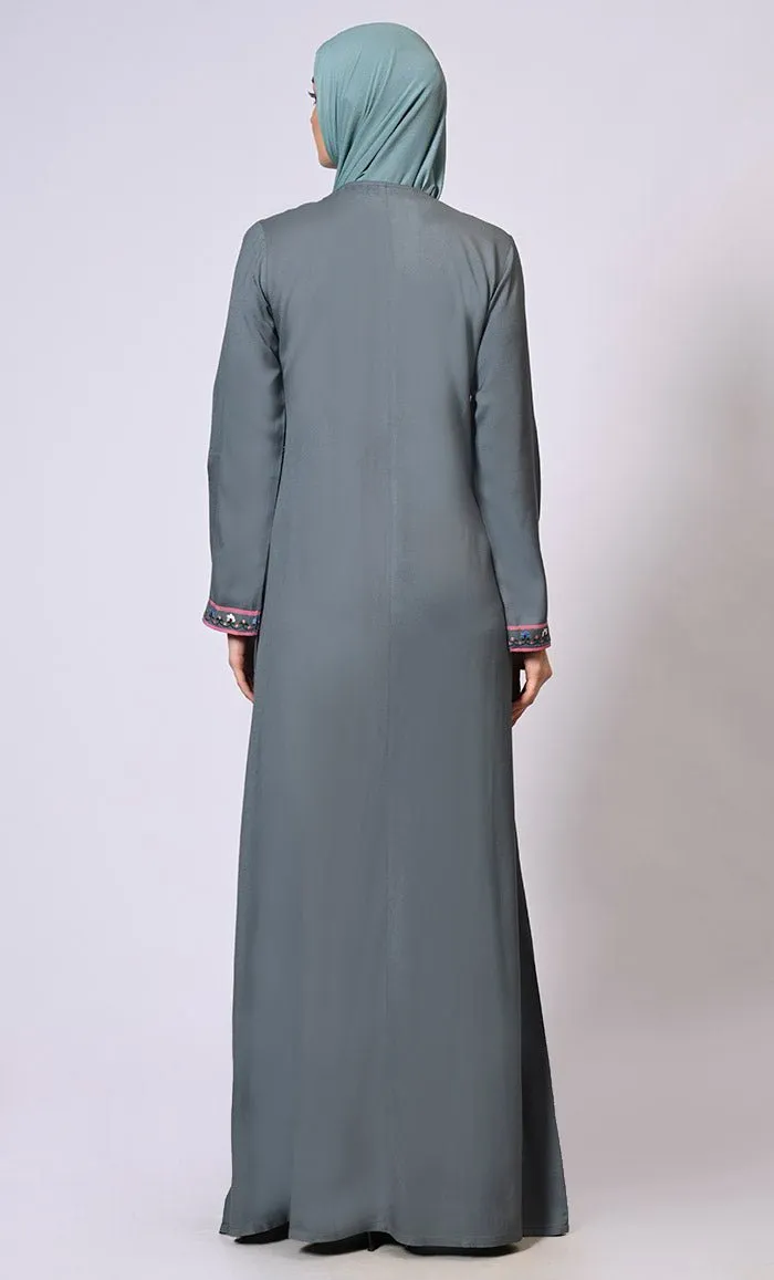 Feminine Flourish: Embroidered Front Zip Grey Abaya with Front Pockets