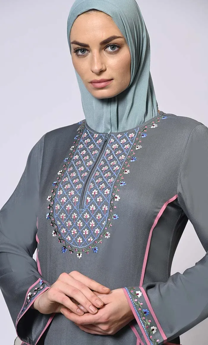 Feminine Flourish: Embroidered Front Zip Grey Abaya with Front Pockets