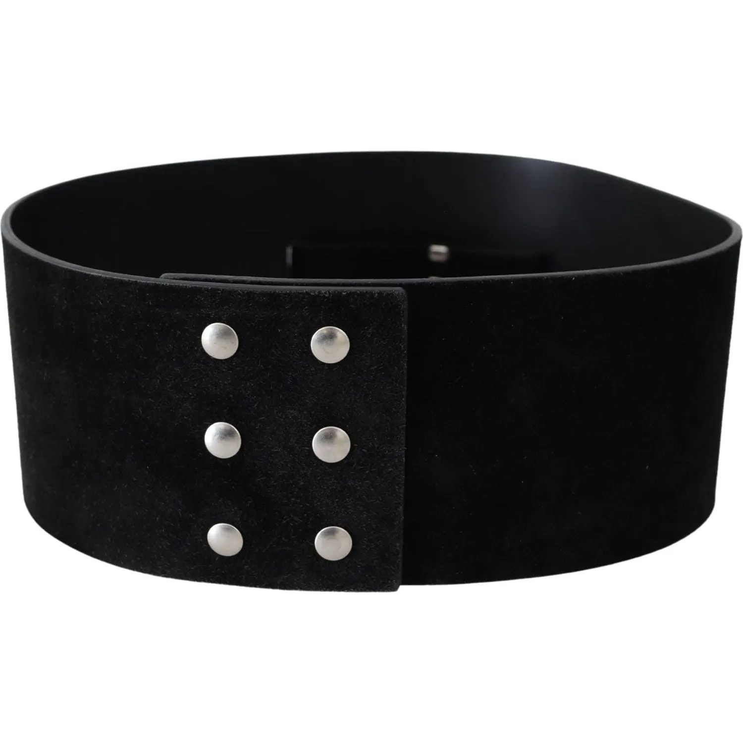 GF Ferre Elegant Black Leather Wide Belt with Silver Tone Buckle