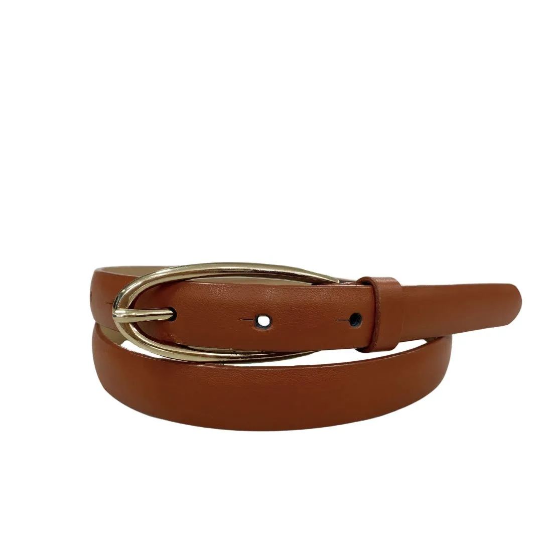 Ingrid |  Women's Brown Genuine Leather Skinny Belt with Oval Gold Buckle