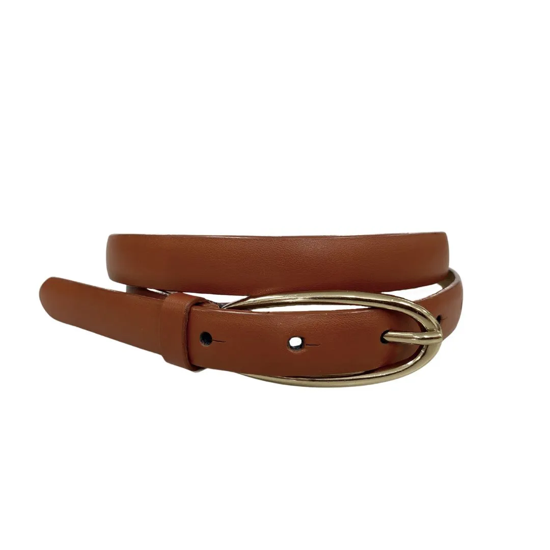 Ingrid |  Women's Brown Genuine Leather Skinny Belt with Oval Gold Buckle