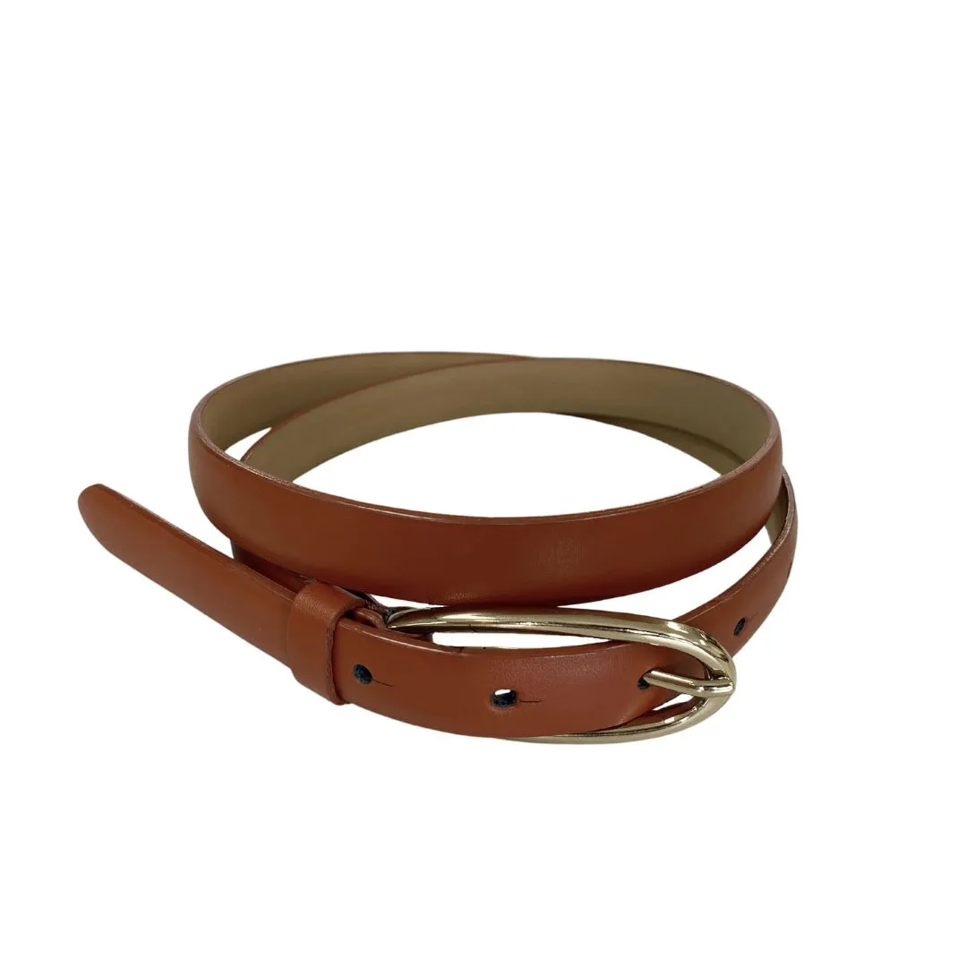 Ingrid |  Women's Brown Genuine Leather Skinny Belt with Oval Gold Buckle