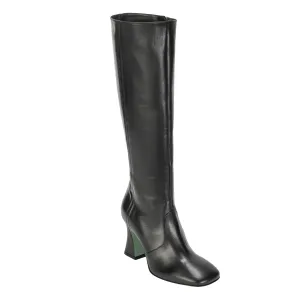 Knee High Leather Heeled Boot - Black