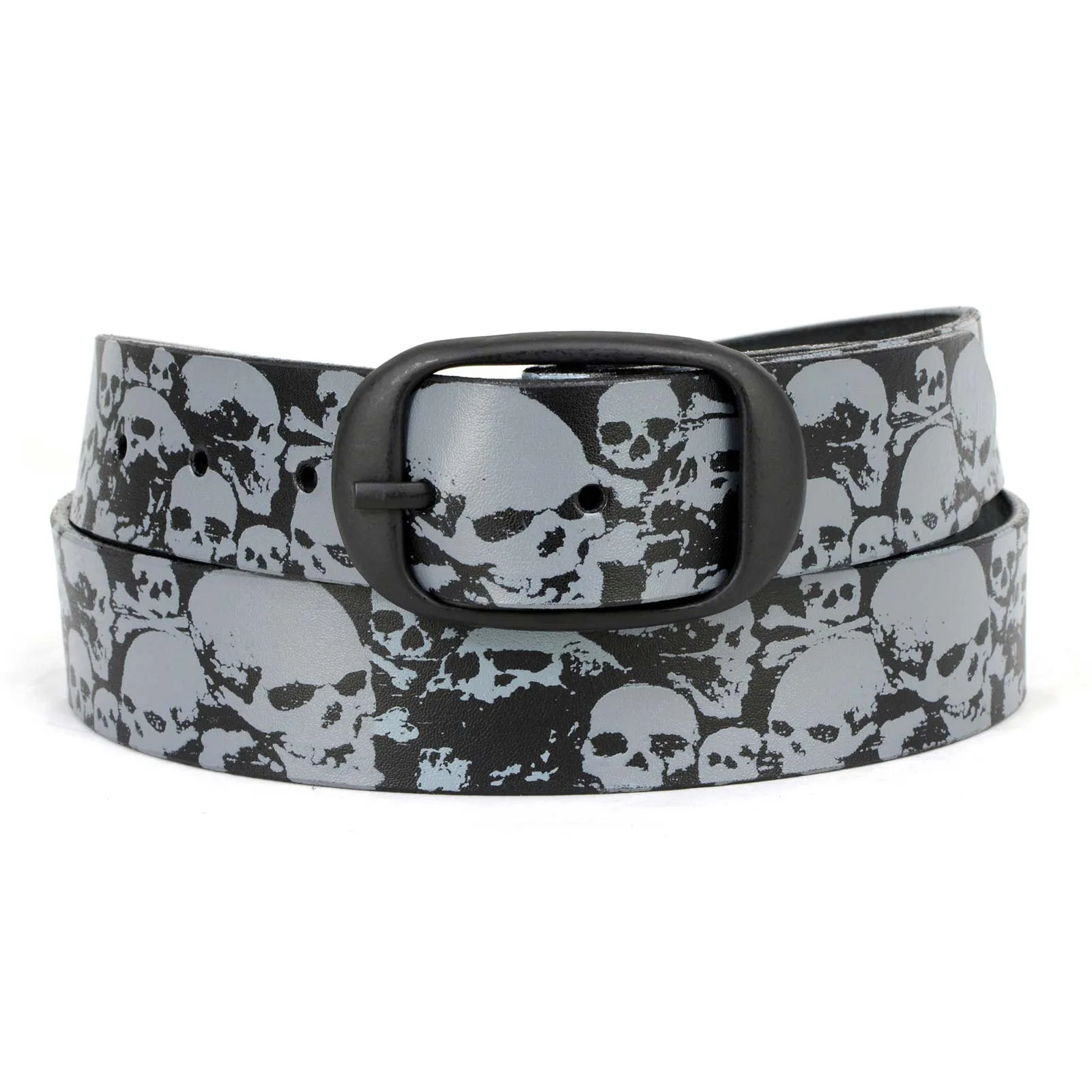 Milwaukee Leather MP7106 Men's Grey Skull Heads Black Genuine Leather Biker Belt with Interchangeable Buckle