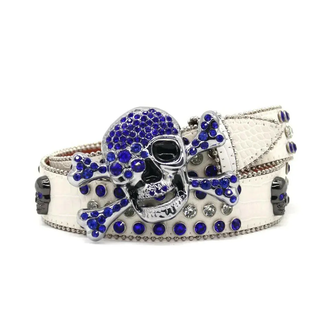 Rhinestone Metal Skull Buckle White Strap With Crystal & Blue Studded Belt