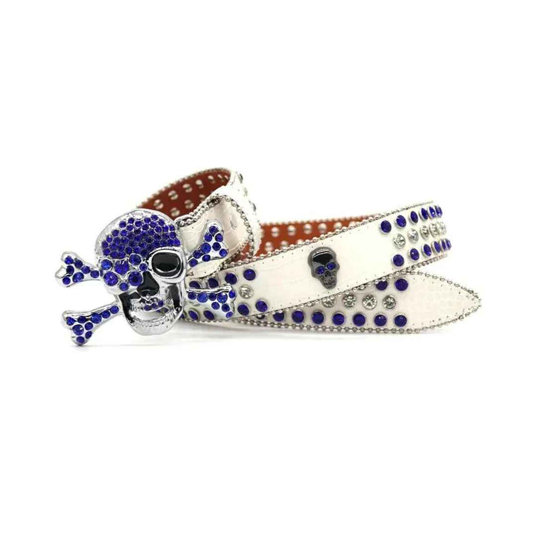 Rhinestone Metal Skull Buckle White Strap With Crystal & Blue Studded Belt