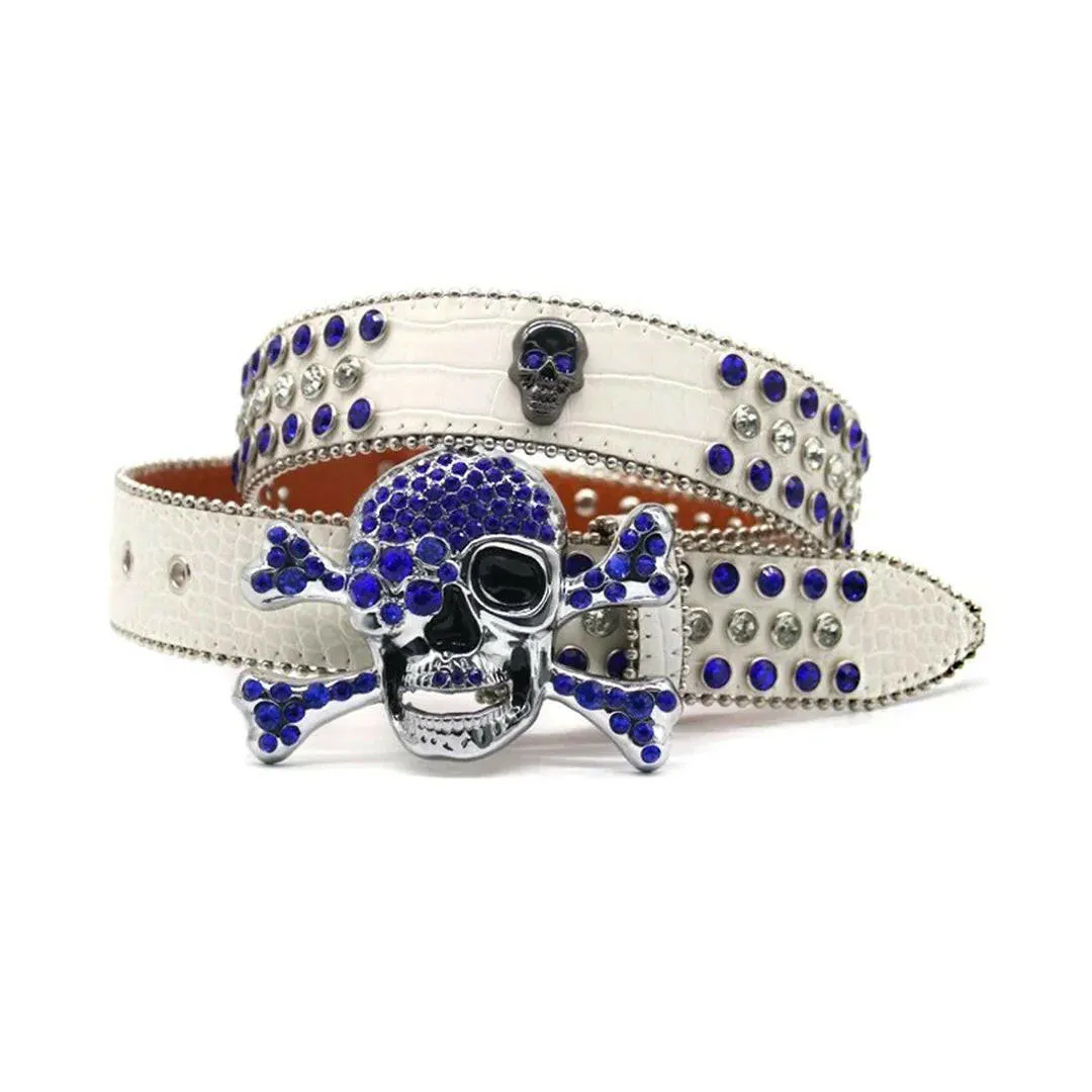 Rhinestone Metal Skull Buckle White Strap With Crystal & Blue Studded Belt