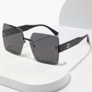 Rimless square sunglasses for women leather leg design large frame sunglasses anti-UV ins internet celebrity anchor