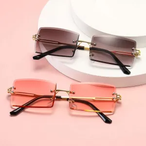 Women Retro Style Rimless Rectangle Shaped Gradient Lens Sunglasses