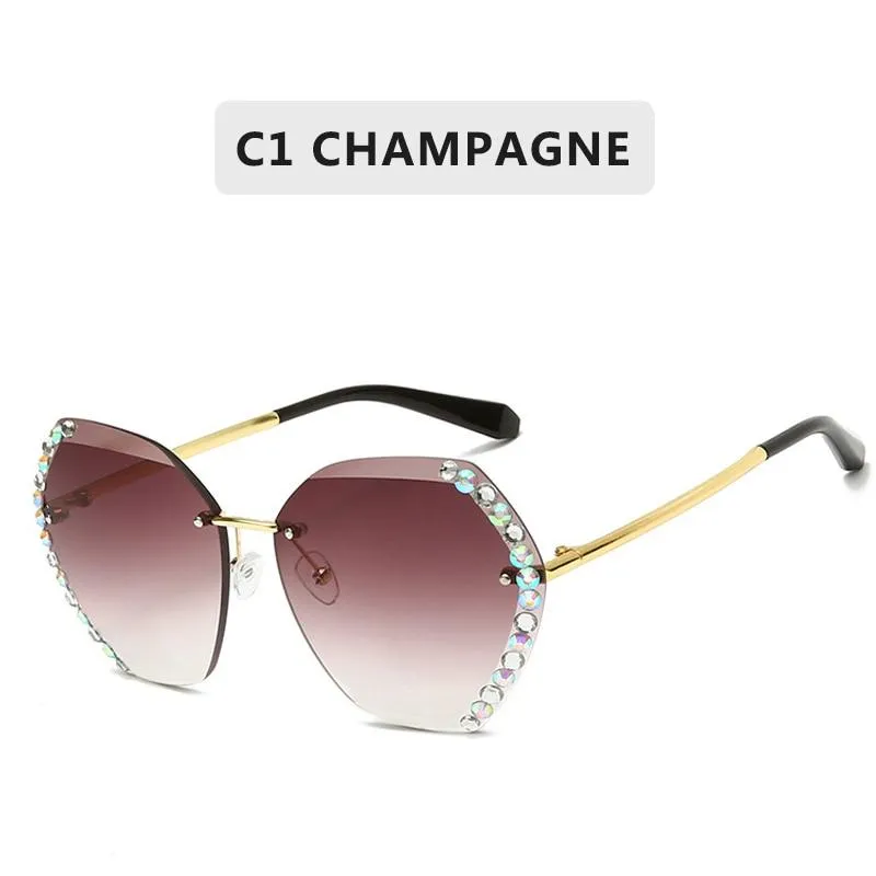 Women Vintage Oversized Rimless Rhinestone Square Design Sunglasses