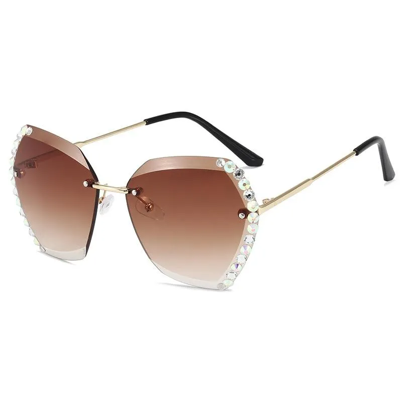 Women Vintage Oversized Rimless Rhinestone Square Design Sunglasses