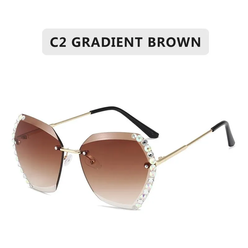 Women Vintage Oversized Rimless Rhinestone Square Design Sunglasses